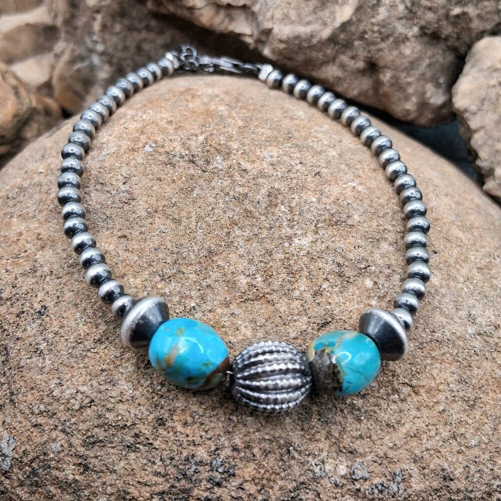 Navajo Pearl Turquoise Nugget Bracelet Sterling Silver Size 6.5-8.5 Southwestern